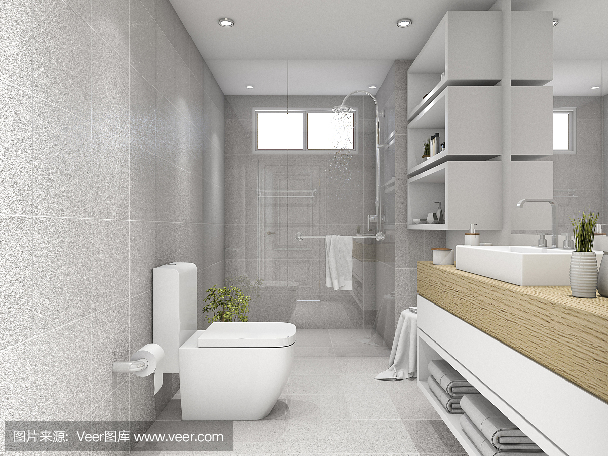 3d渲染明亮的浴室与淋浴